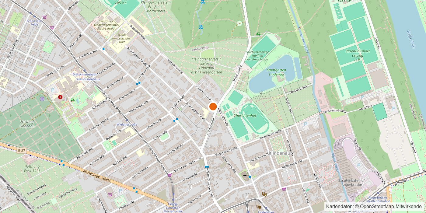 Karte: Lage der Zahnarztpraxis Dr. Ecke, Rietschelstraße 27, 04177 Leipzig